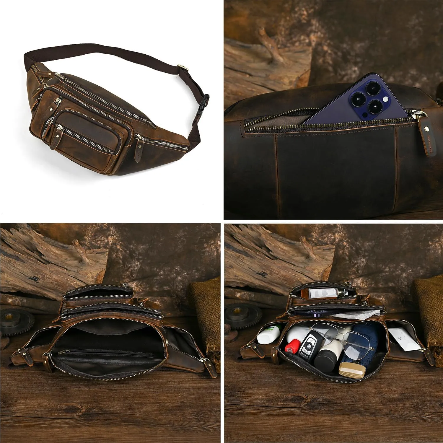 Thick Crazy Horse Leather Hiking Riding Travel Outdoor Belt Fanny Waist Pack Small Phone Pouch For Men Women 380 (379 Brown)