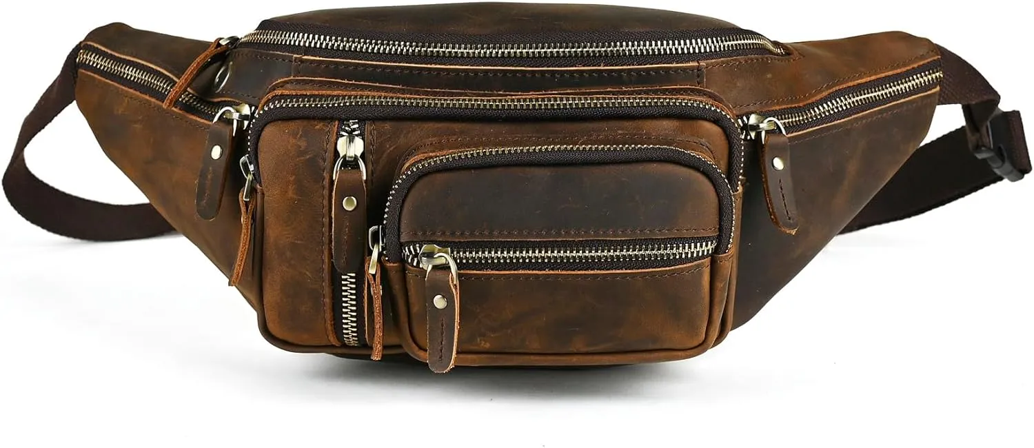Thick Crazy Horse Leather Hiking Riding Travel Outdoor Belt Fanny Waist Pack Small Phone Pouch For Men Women 380 (379 Brown)