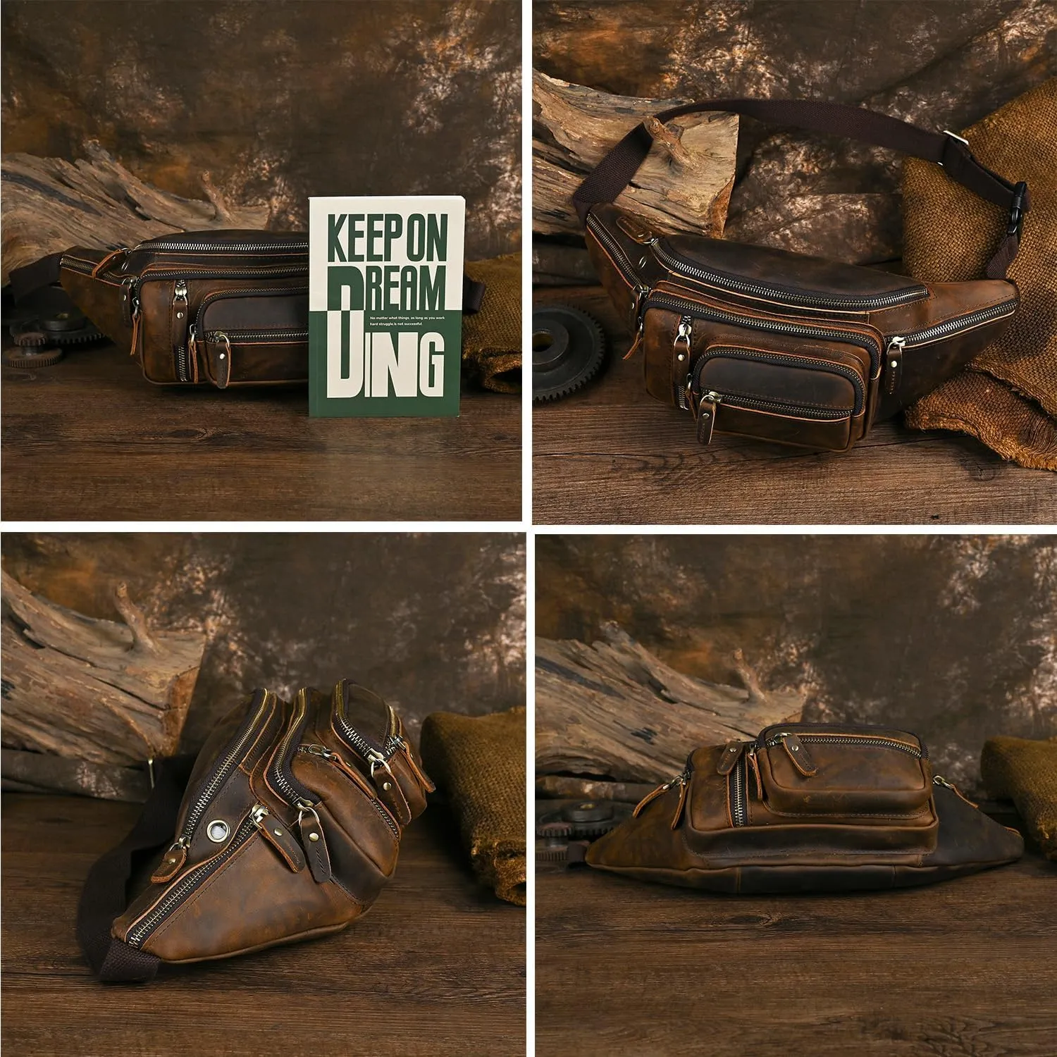 Thick Crazy Horse Leather Hiking Riding Travel Outdoor Belt Fanny Waist Pack Small Phone Pouch For Men Women 380 (379 Brown)
