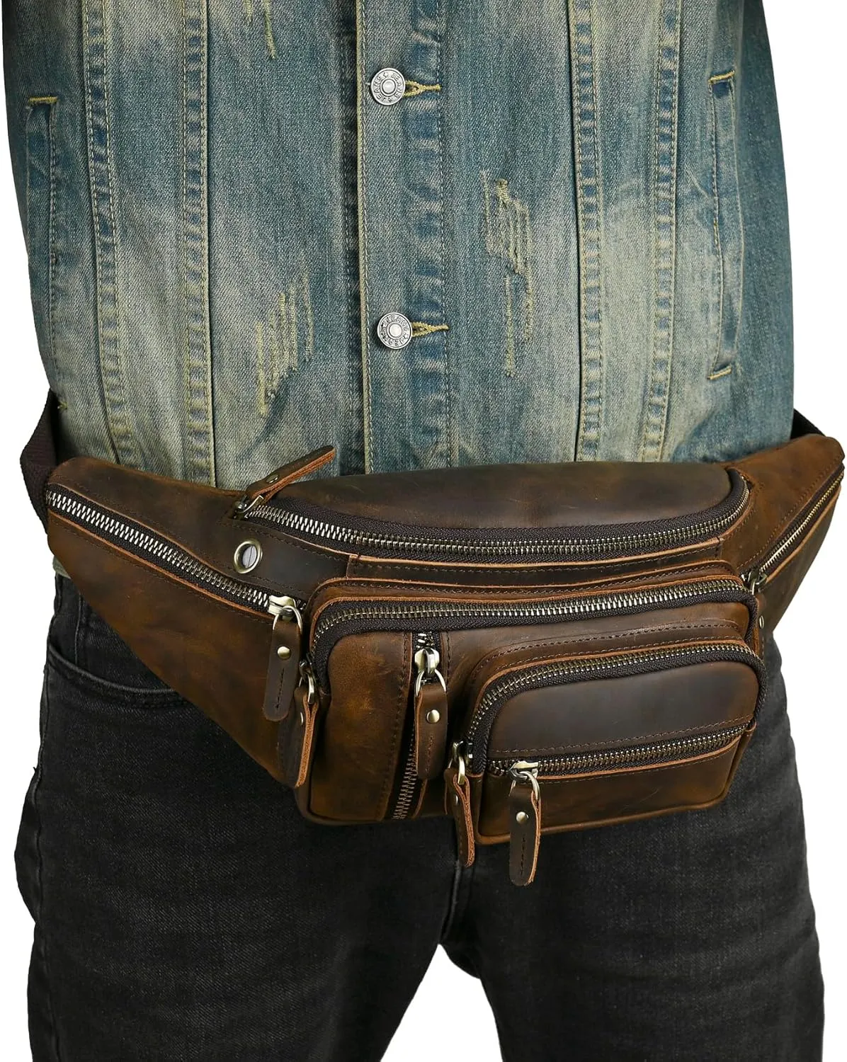 Thick Crazy Horse Leather Hiking Riding Travel Outdoor Belt Fanny Waist Pack Small Phone Pouch For Men Women 380 (379 Brown)