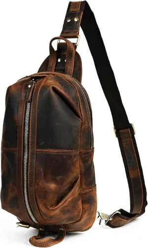 Thick Crazy horse Leather Triangle Crossbody Sling Chest Bag Travel One Shoulder Bag Daypack For Men Male 3028