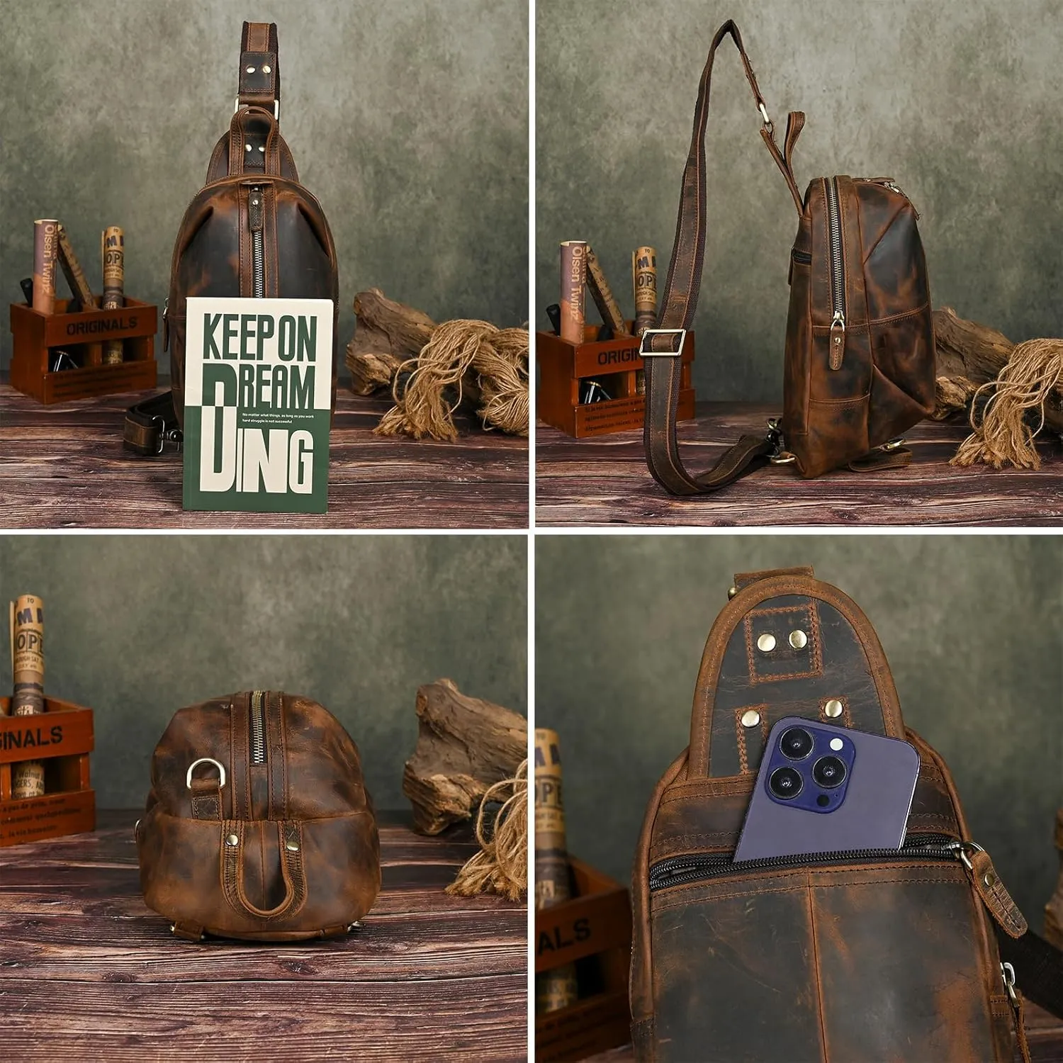 Thick Crazy horse Leather Triangle Crossbody Sling Chest Bag Travel One Shoulder Bag Daypack For Men Male 3028