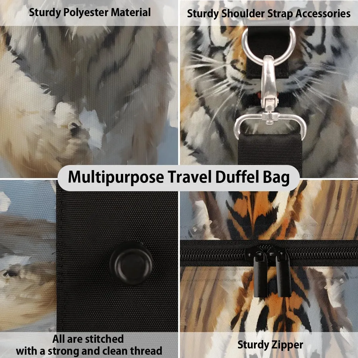 Tiger Design Travel Duffel Bag for Women Men Waterproof Foldable Overnight Weekender Bag Large Capacity Sports Gym Bag