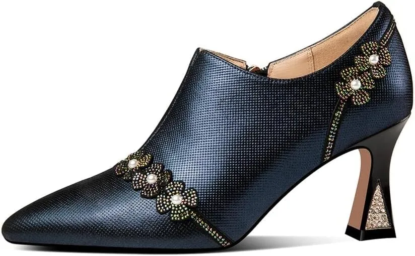 TinaCus Handmade Women's Genuine Leather Rhinestones Pearls Flowers Side Zipper Pointed Toe Mid Spool Heel Pumps Shoes