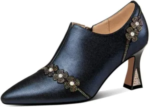 TinaCus Handmade Women's Genuine Leather Rhinestones Pearls Flowers Side Zipper Pointed Toe Mid Spool Heel Pumps Shoes