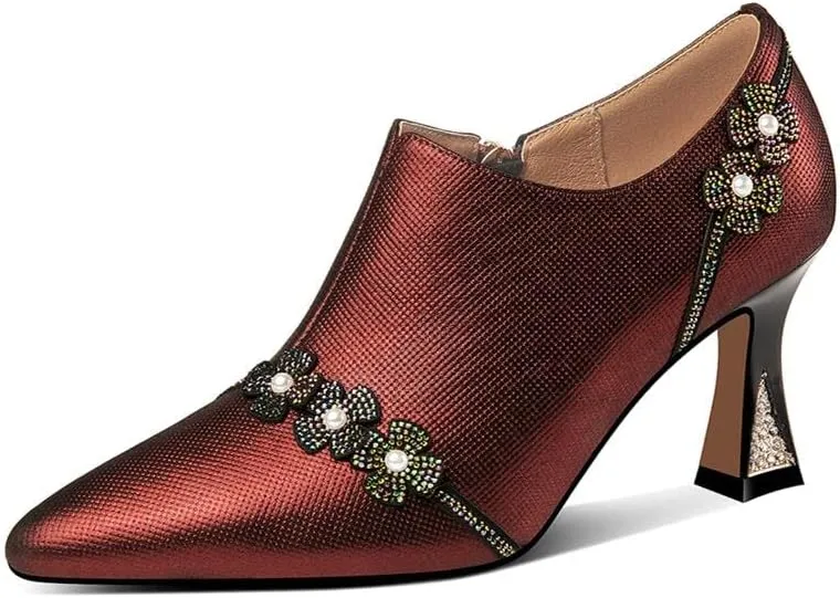 TinaCus Handmade Women's Genuine Leather Rhinestones Pearls Flowers Side Zipper Pointed Toe Mid Spool Heel Pumps Shoes