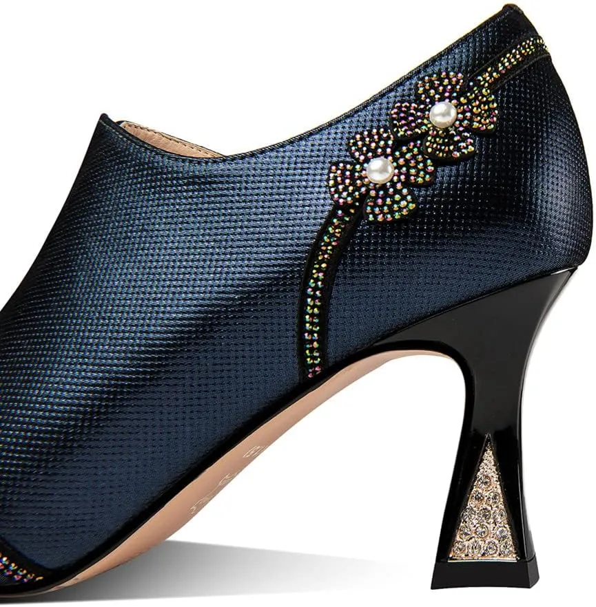 TinaCus Handmade Women's Genuine Leather Rhinestones Pearls Flowers Side Zipper Pointed Toe Mid Spool Heel Pumps Shoes
