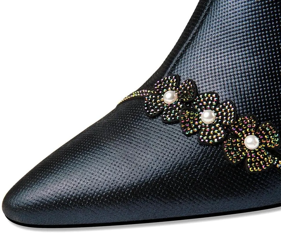 TinaCus Handmade Women's Genuine Leather Rhinestones Pearls Flowers Side Zipper Pointed Toe Mid Spool Heel Pumps Shoes
