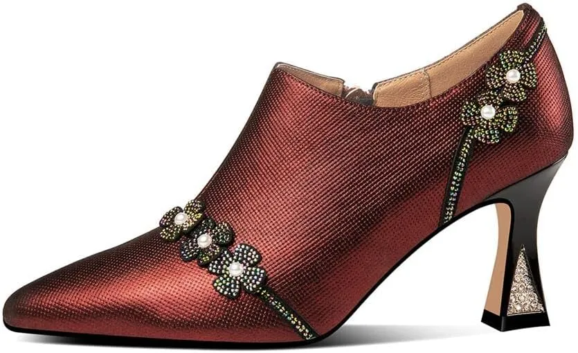 TinaCus Handmade Women's Genuine Leather Rhinestones Pearls Flowers Side Zipper Pointed Toe Mid Spool Heel Pumps Shoes