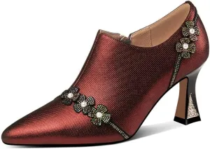 TinaCus Handmade Women's Genuine Leather Rhinestones Pearls Flowers Side Zipper Pointed Toe Mid Spool Heel Pumps Shoes