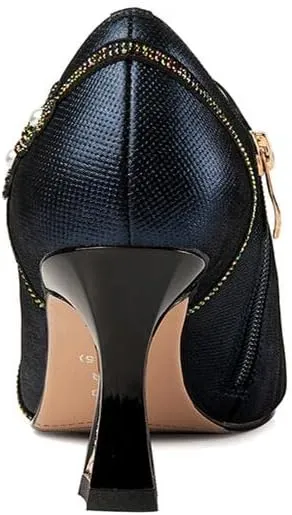 TinaCus Handmade Women's Genuine Leather Rhinestones Pearls Flowers Side Zipper Pointed Toe Mid Spool Heel Pumps Shoes