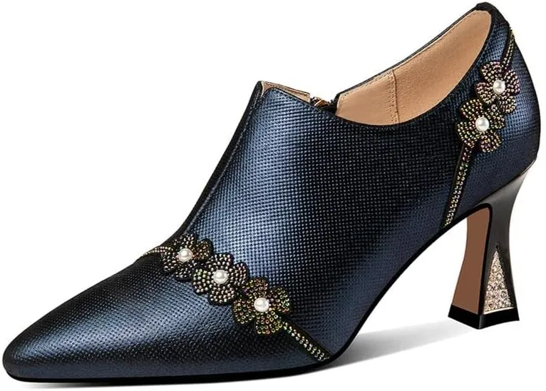 TinaCus Handmade Women's Genuine Leather Rhinestones Pearls Flowers Side Zipper Pointed Toe Mid Spool Heel Pumps Shoes