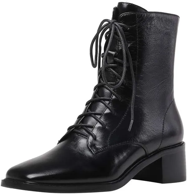 TinaCus Women's Genuine Leather Square Toe Selftie Handmade Side Zip Low Chunky Heel Vintage Boots