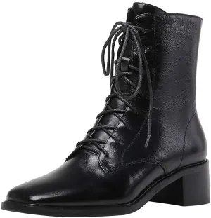 TinaCus Women's Genuine Leather Square Toe Selftie Handmade Side Zip Low Chunky Heel Vintage Boots