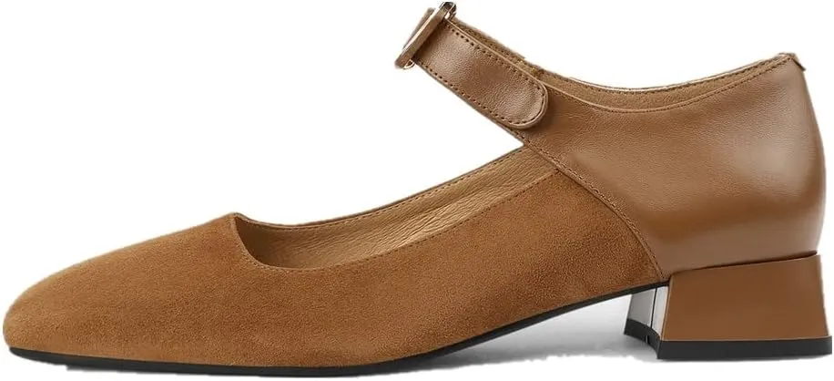 TinaCus Women's Square Toe Genuine & Suede Leather Handmade Buckle Belt Low Chunky Heels Vintage Pumps Shoes