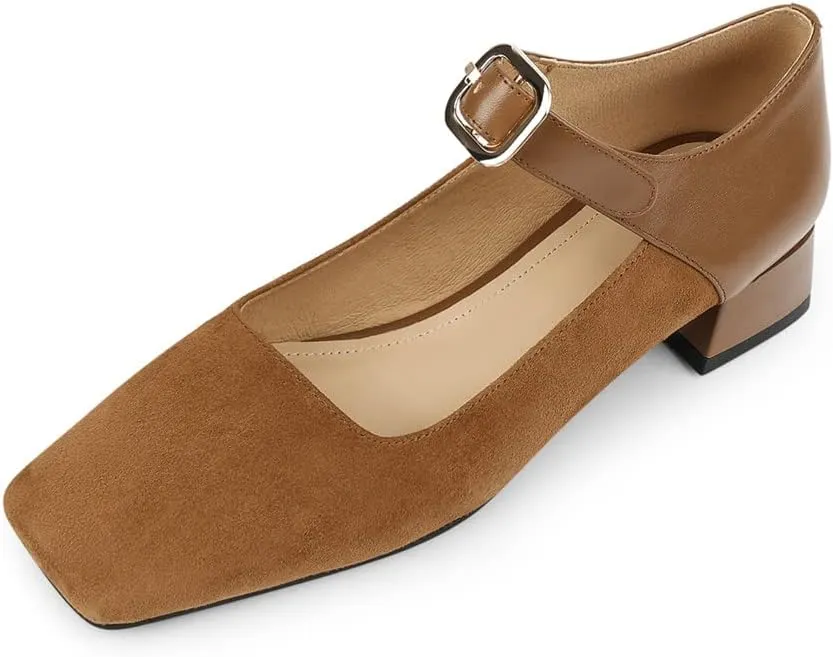 TinaCus Women's Square Toe Genuine & Suede Leather Handmade Buckle Belt Low Chunky Heels Vintage Pumps Shoes