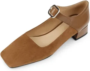 TinaCus Women's Square Toe Genuine & Suede Leather Handmade Buckle Belt Low Chunky Heels Vintage Pumps Shoes