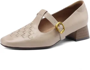 TinaCus Women's Square Toe Genuine Leather Low Heels Chic Pumps Shoes with Handmade Buckle