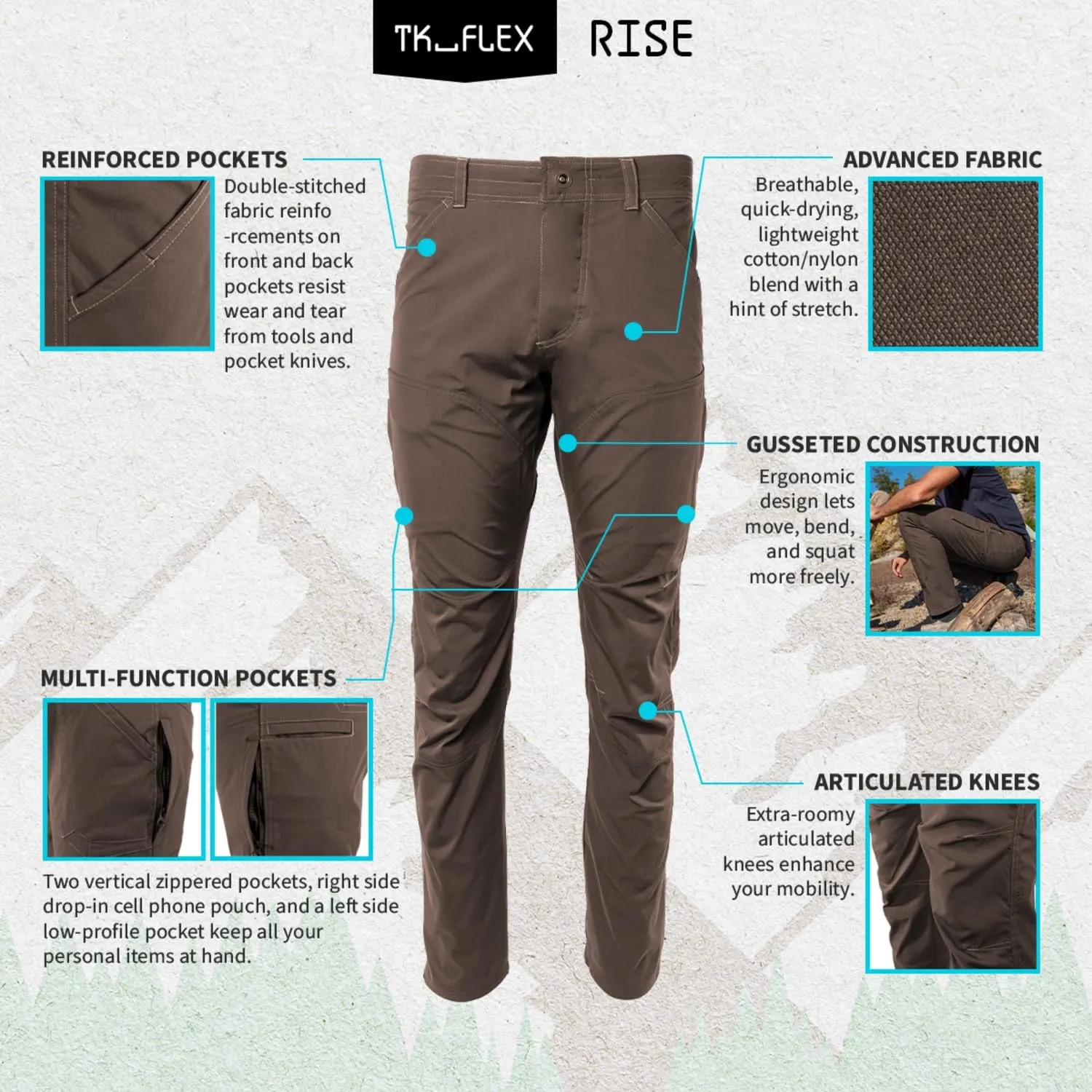 TK Flex Rise Men's Technical Pants Quick Dry Breathable Outdoor Hiking 8 Pockets