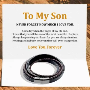 To My Son - Never Forget How Much I love You - Premium Stainless Steel Italian Leather Braided Two-Tone Layer Bracelet for Men