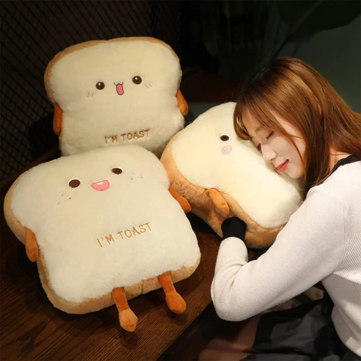 Toast Bread Plush Pillow, Bread Stuffed Pillow,Food Plush Pillow with Hand Pocket Great Gift Choice for Kids Adults (15.7 * 13.7 in,Cute)