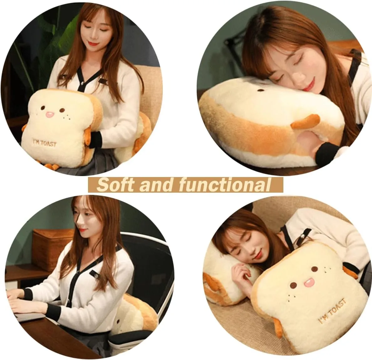 Toast Bread Plush Pillow, Bread Stuffed Pillow,Food Plush Pillow with Hand Pocket Great Gift Choice for Kids Adults (15.7 * 13.7 in,Cute)
