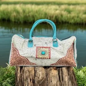 Tooled Leather Cowhide Turquoise Duffle Bag
