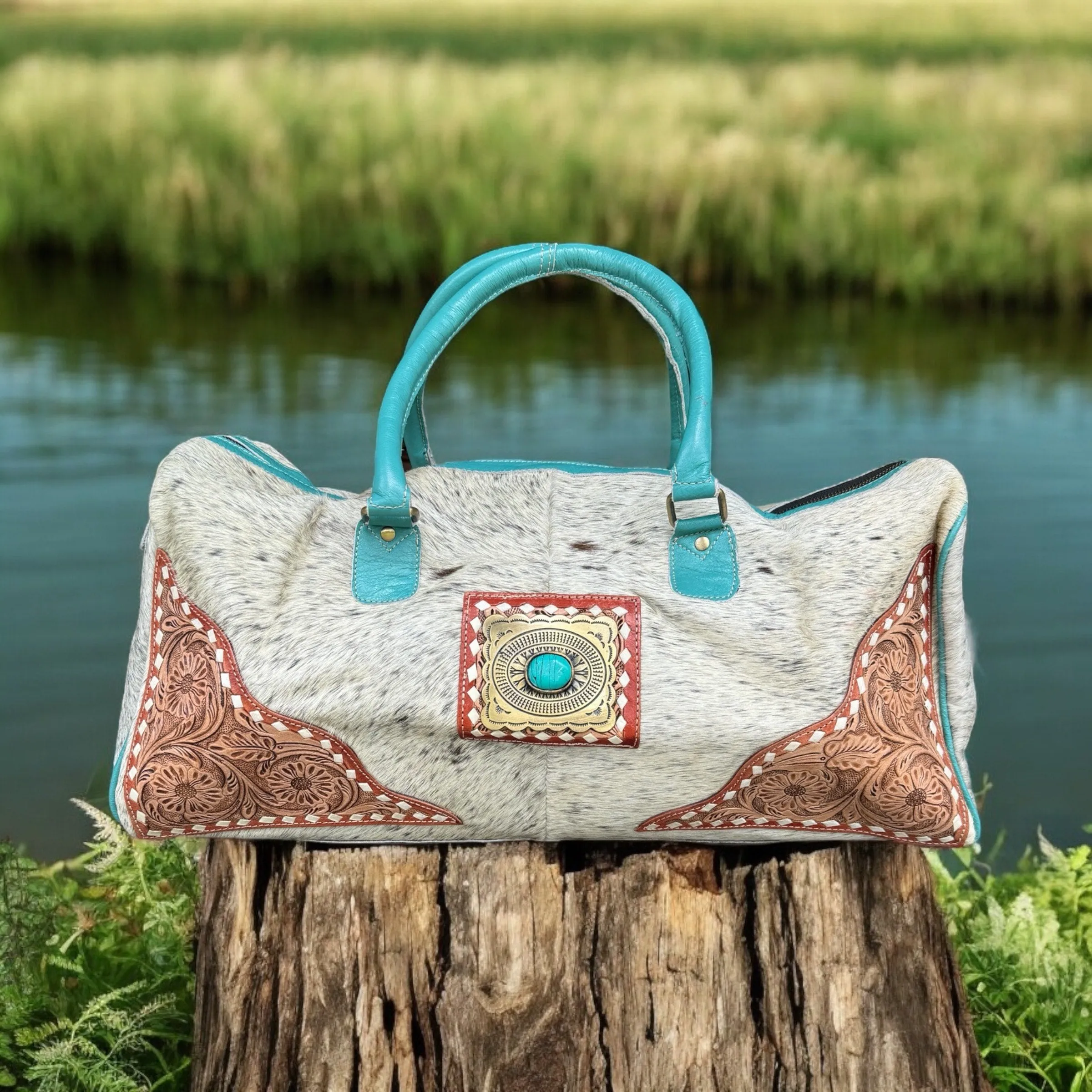 Tooled Leather Cowhide Turquoise Duffle Bag