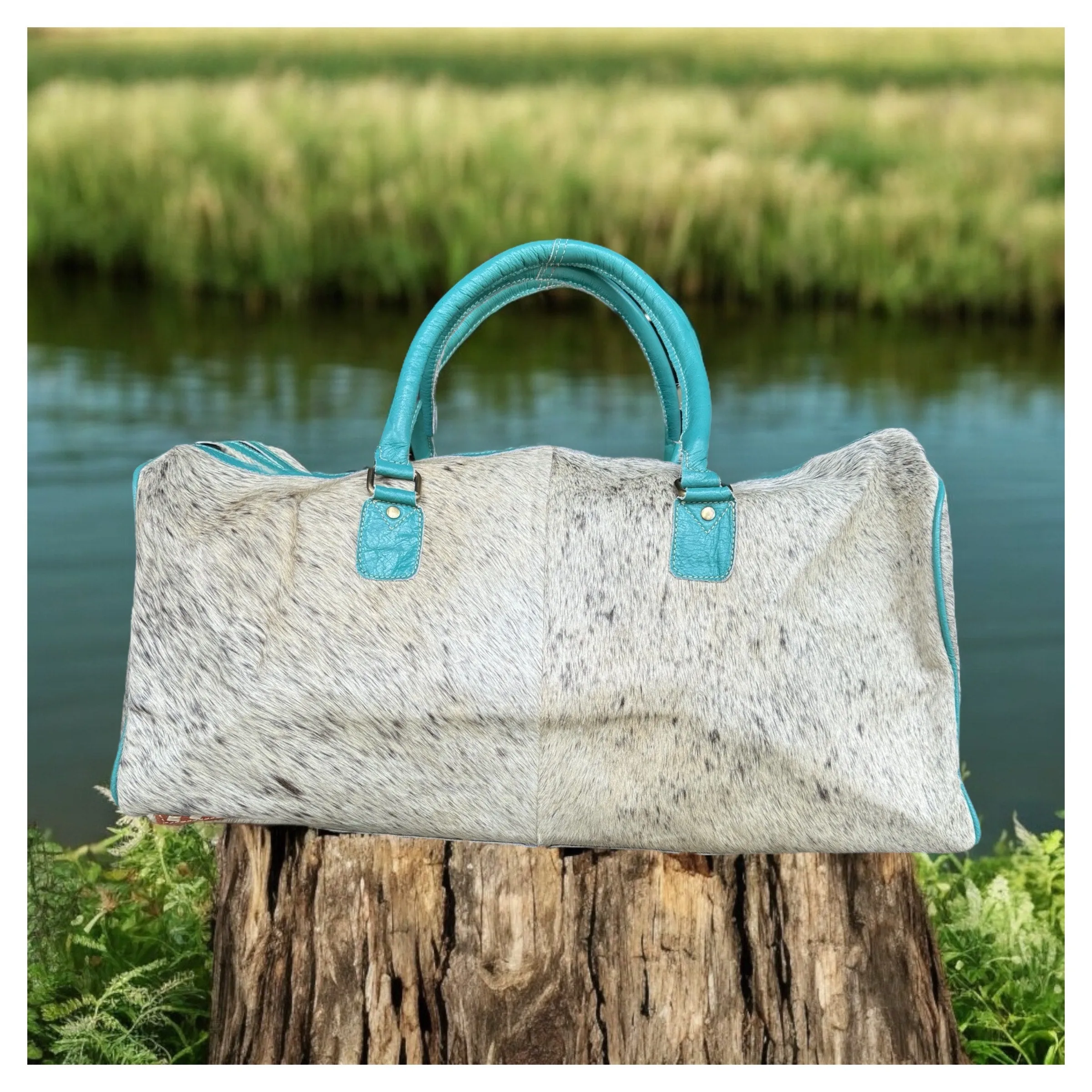 Tooled Leather Cowhide Turquoise Duffle Bag