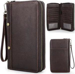 Top Grain Genuine Leather Clutch Wallet with Wristlet for Man & Woman, Handmade Vintage Design, Multi Pockets & Side Pocket & Slots, RFID Large Capacity for Cards/Checks/Money/Passport/Pen, Red Coffee