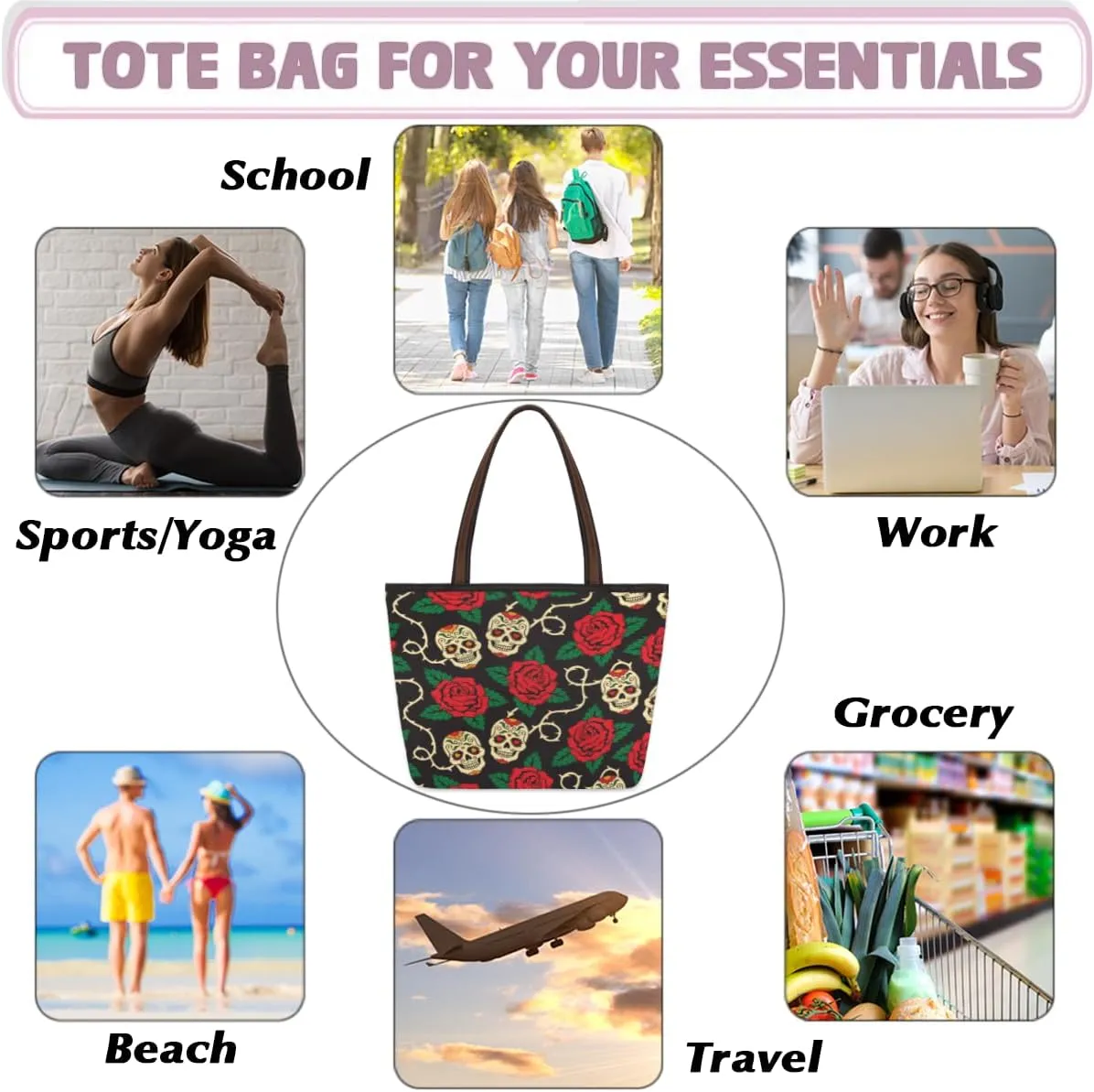 Tote Bag for Women with Zipper Large Capacity Top Handle Casual Shoulder Bag Handbag Reusable Shopping