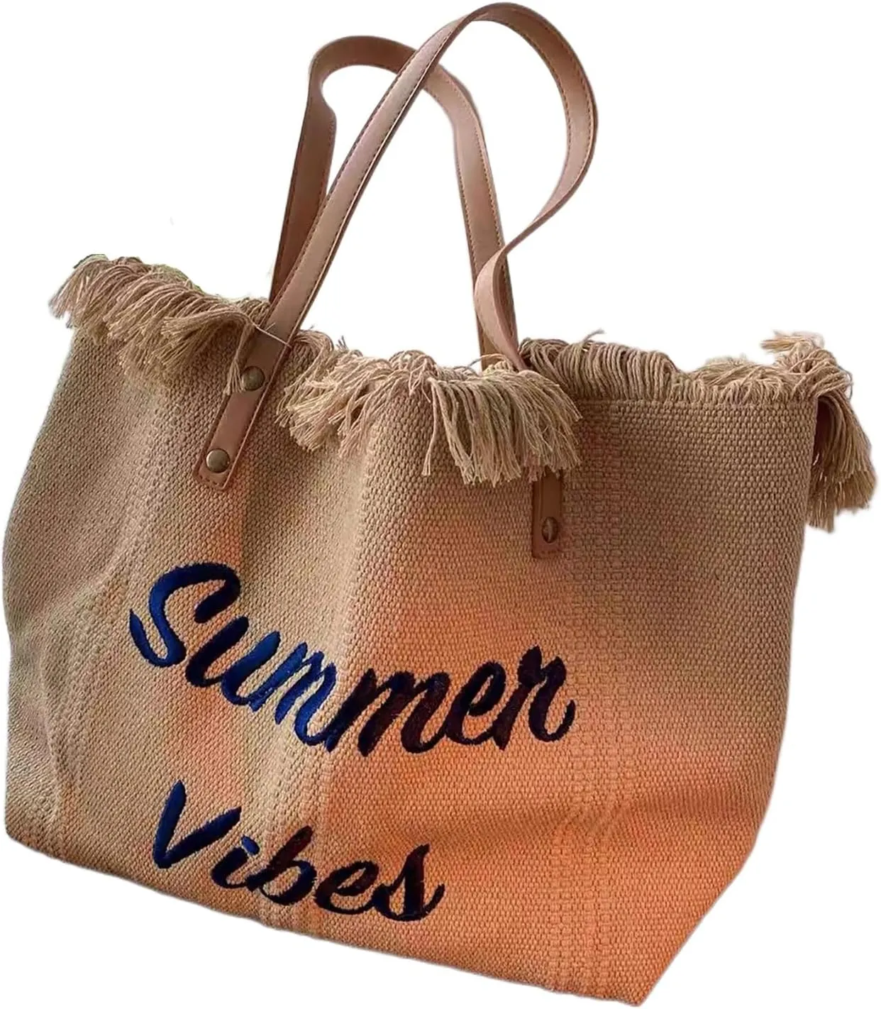 Tote bag, large capacity canvas, women's shoulder bag, beach bag, tassel embroidery, niche design, women's bag (khaki)