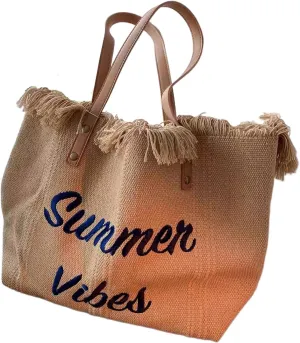 Tote bag, large capacity canvas, women's shoulder bag, beach bag, tassel embroidery, niche design, women's bag (khaki)