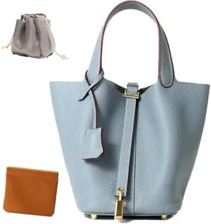 Tote Bag Leather Lock Design Bucket Bag Vegetable Basket Fashionable Versatile Shoulder Handbag Work Package