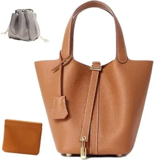 Tote Bag Leather Lock Design Bucket Bag Vegetable Basket Fashionable Versatile Shoulder Handbag Work Package