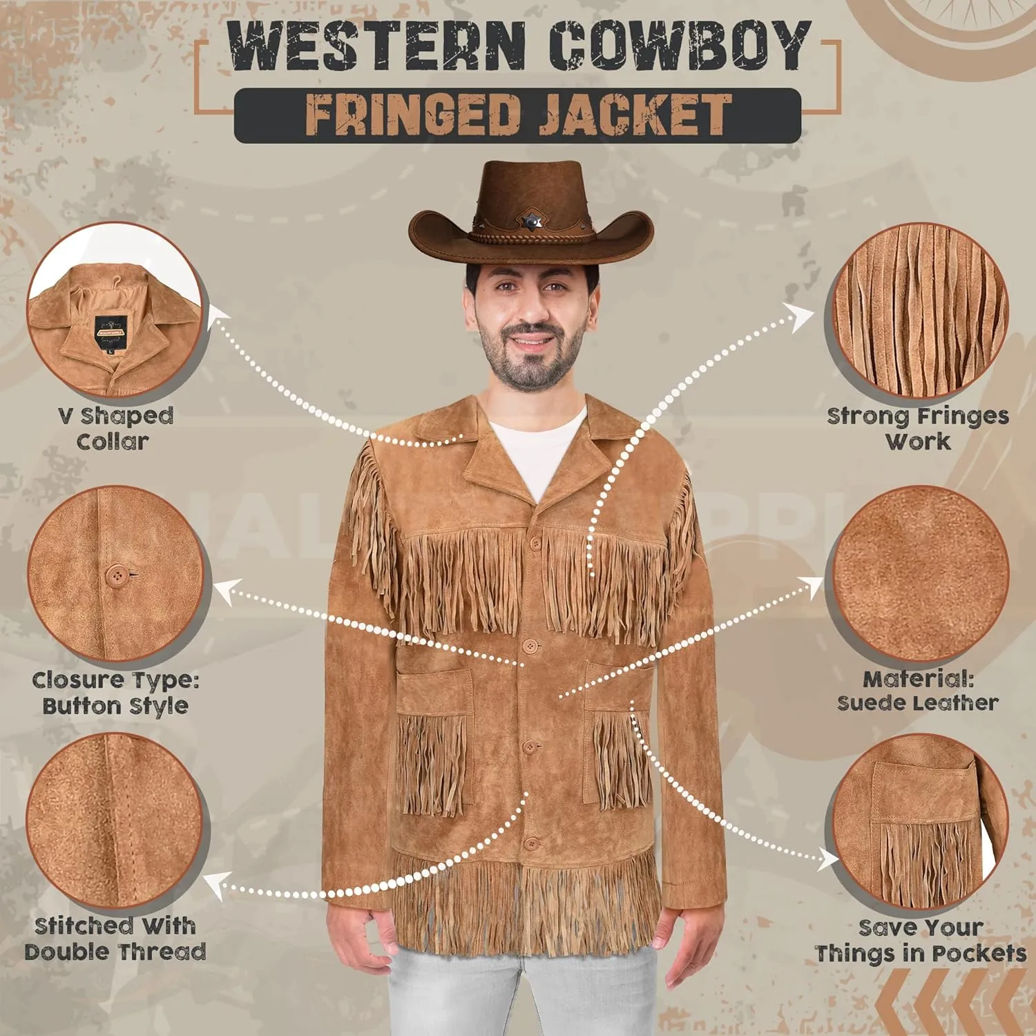 Traditional Western Cowboy Jackets for Men | Native American Suede leather Overcoat with Fringes - Brown