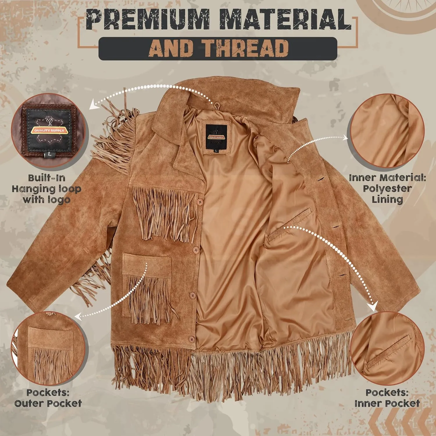 Traditional Western Cowboy Jackets for Men | Native American Suede leather Overcoat with Fringes - Brown