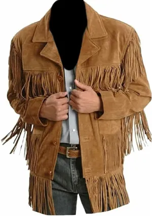 Traditional Western Cowboy Jackets for Men | Native American Suede leather Overcoat with Fringes - Brown
