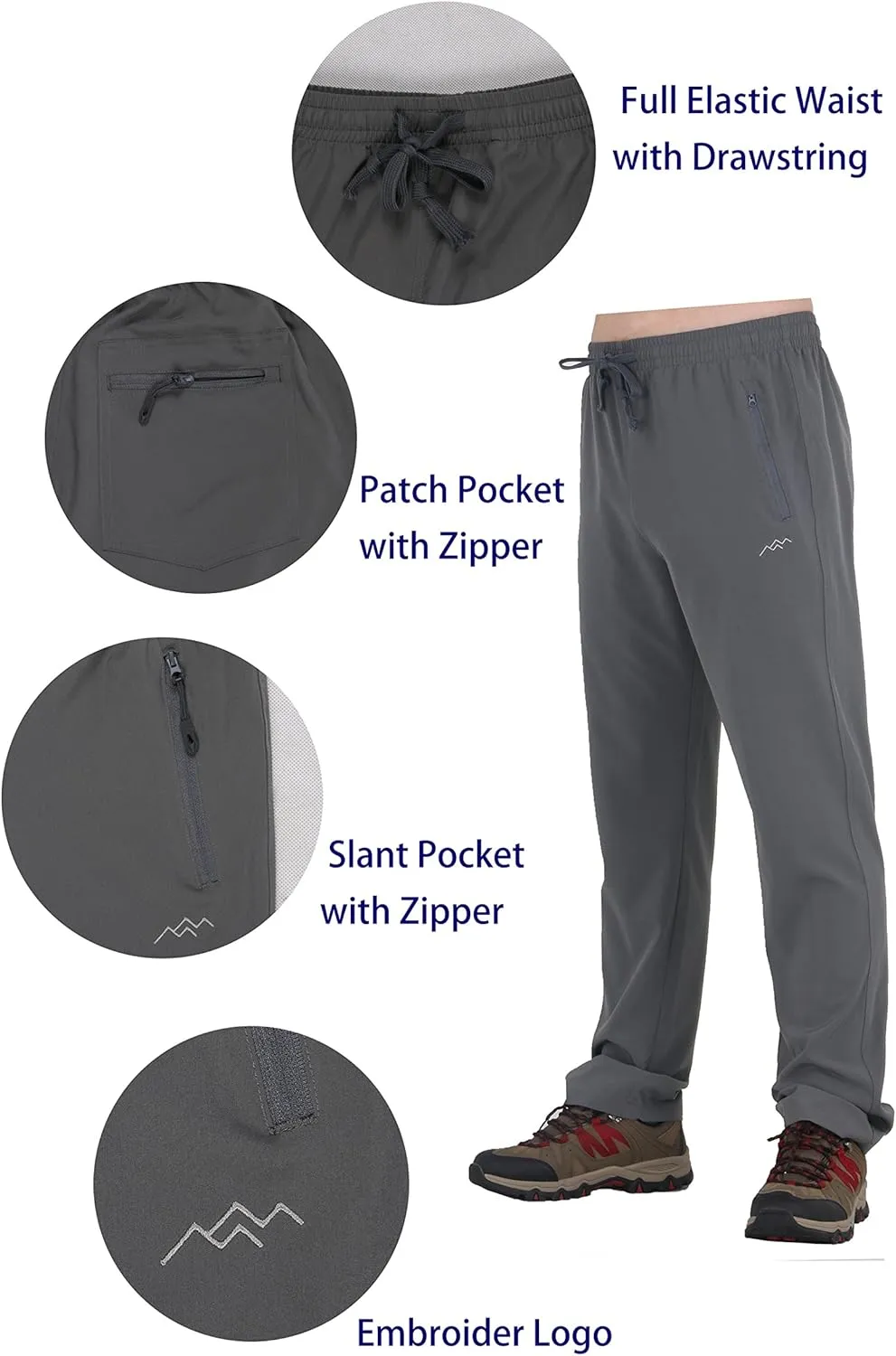 TRAILSIDE SUPPLY CO. Mens Lightweight Track Pants,Stretchy Pants with Zipper Pockets,Loose Fit
