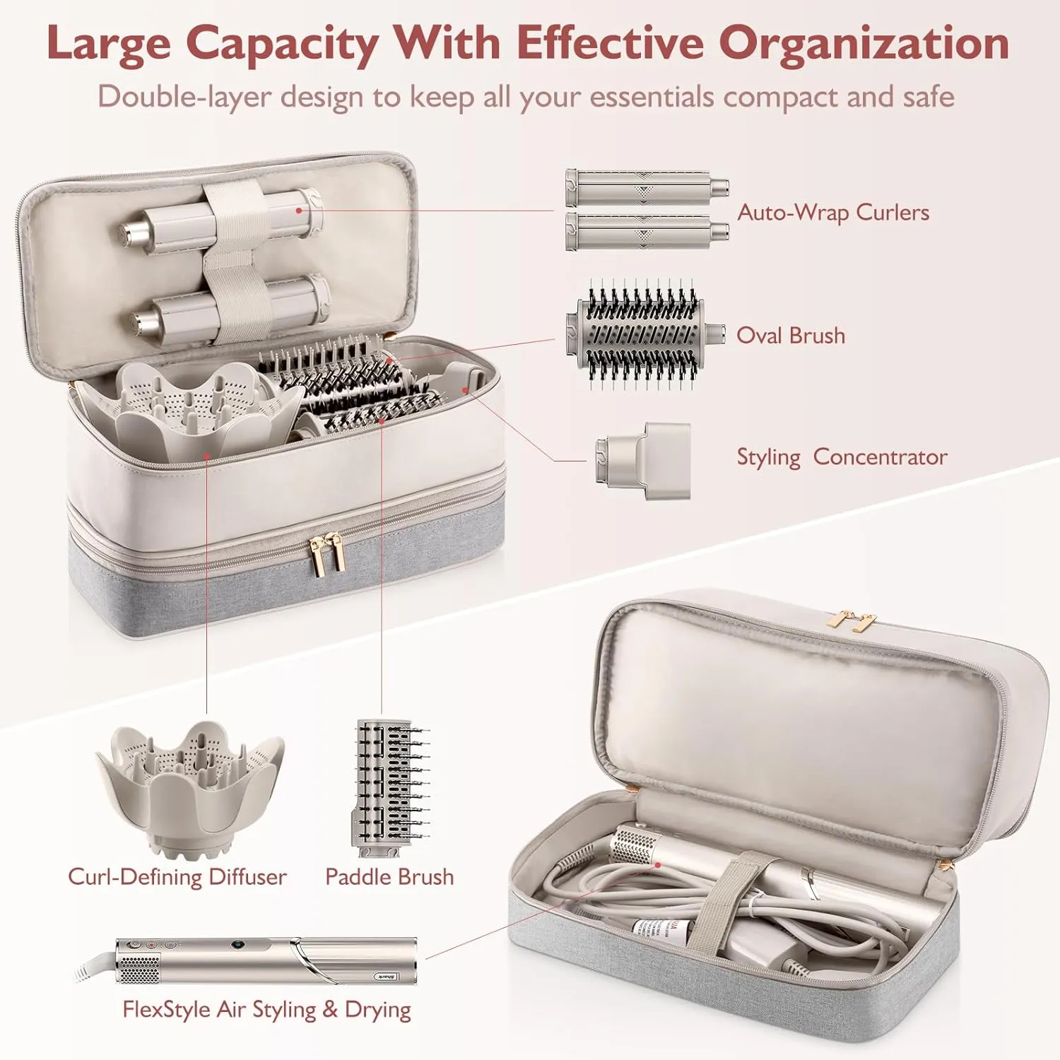 Travel Carrying Case for Hair Dryer Shark Flexstyle FlexFusion Airwrap Brush Double-Layer Hair Accessories Tools Storage Bag for Revlon Hairdryer Styler Organizer