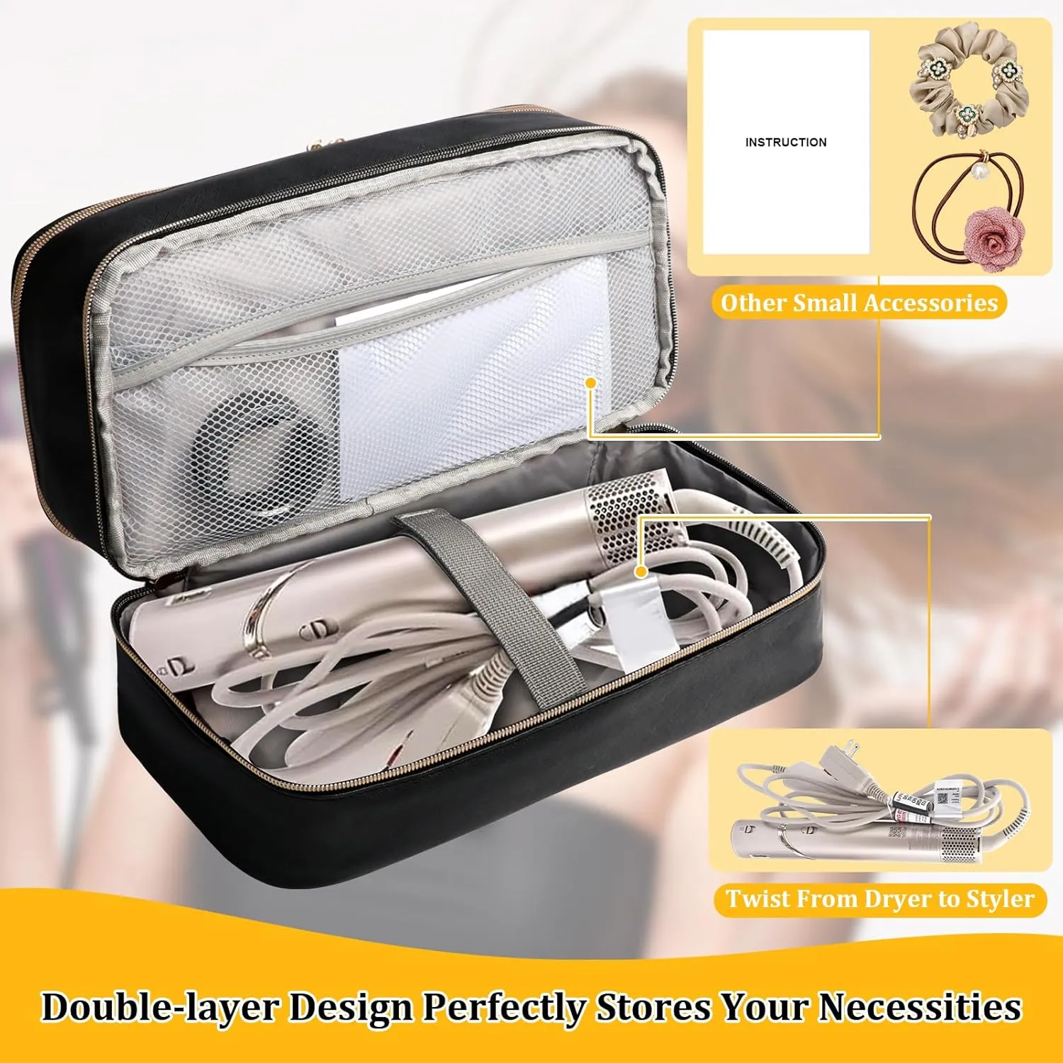 Travel Carrying Case for Shark Flex Style, Double Layer Storage Case for Shark SpeedStyle Hair Dryer Attachments, Waterproof PU Leather Organizer Bag for Shark Flexstyle Airwrap Styler (Black)