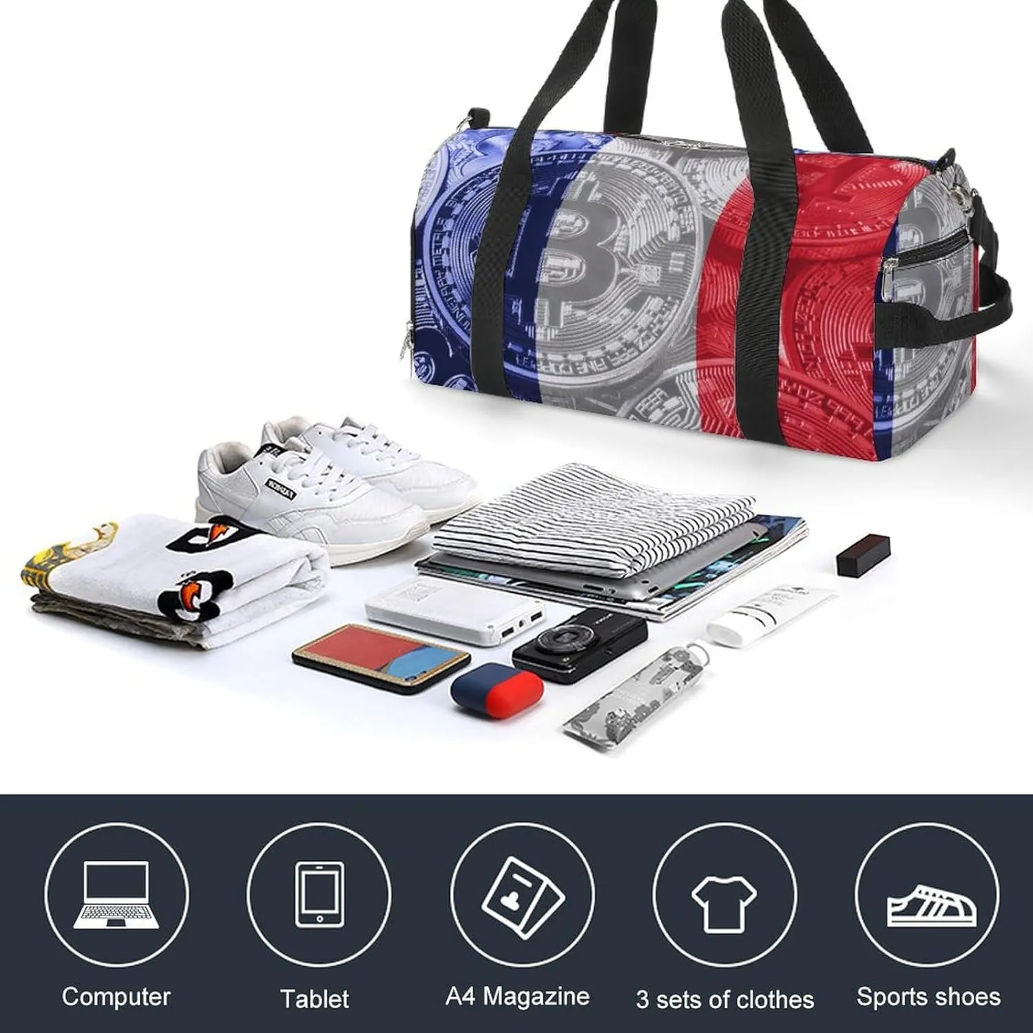 Travel Duffel with France Flag Bitcoin Shoe Compartment for Gym Beach and Sports