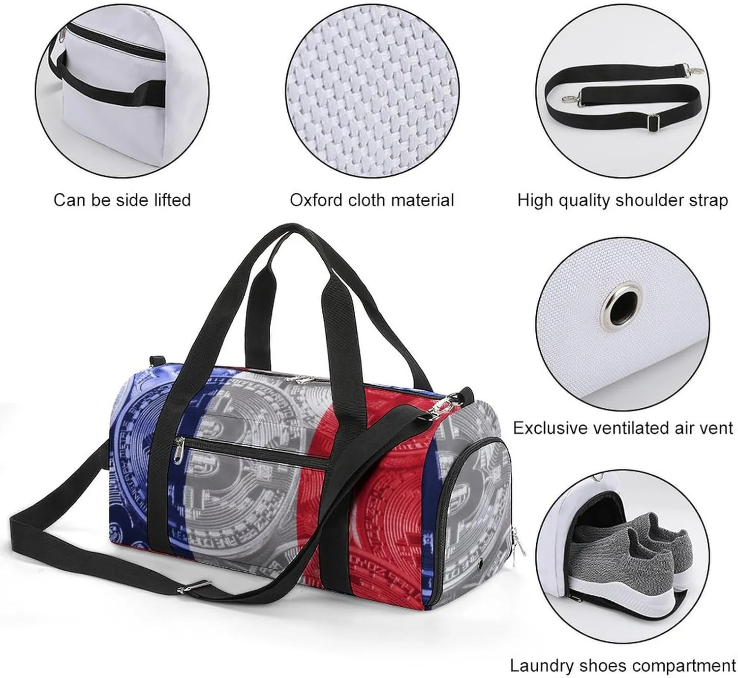 Travel Duffel with France Flag Bitcoin Shoe Compartment for Gym Beach and Sports
