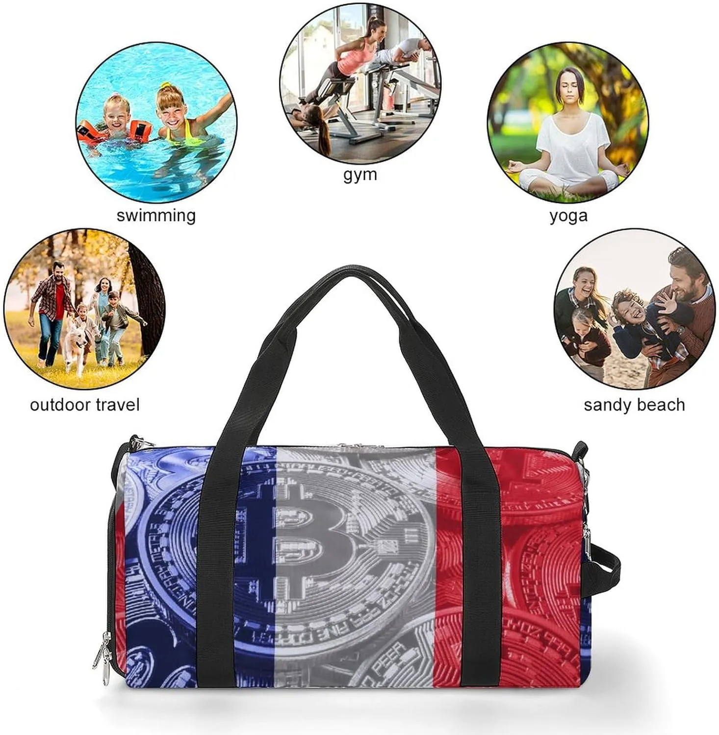 Travel Duffel with France Flag Bitcoin Shoe Compartment for Gym Beach and Sports