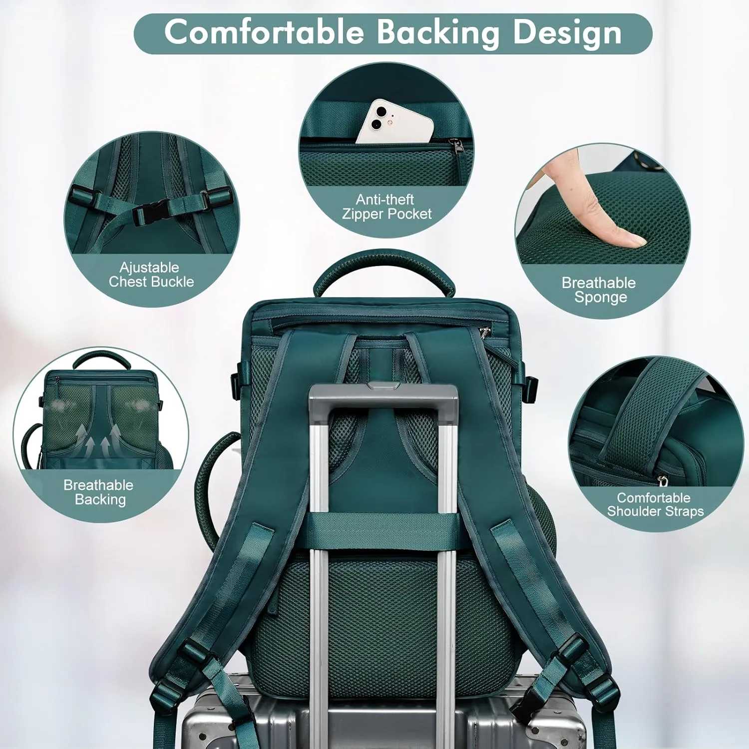 Travel Laptop Backpack Carry On Backpack for Men Women Flight Approved College School Computer Bag for Business Hiking Personal Item Backpack Fits 17.3 Inch Notebook Peacock Blue
