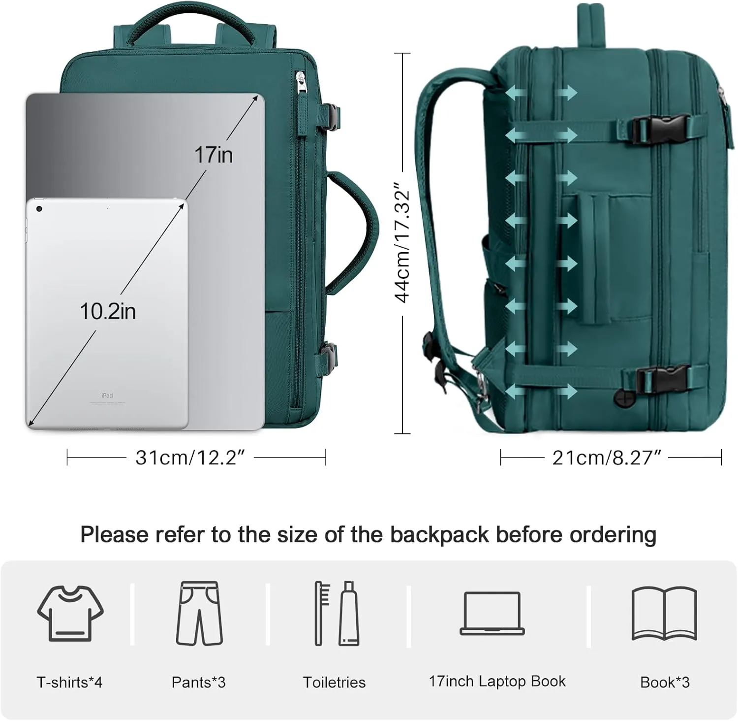Travel Laptop Backpack Carry On Backpack for Men Women Flight Approved College School Computer Bag for Business Hiking Personal Item Backpack Fits 17.3 Inch Notebook Peacock Blue