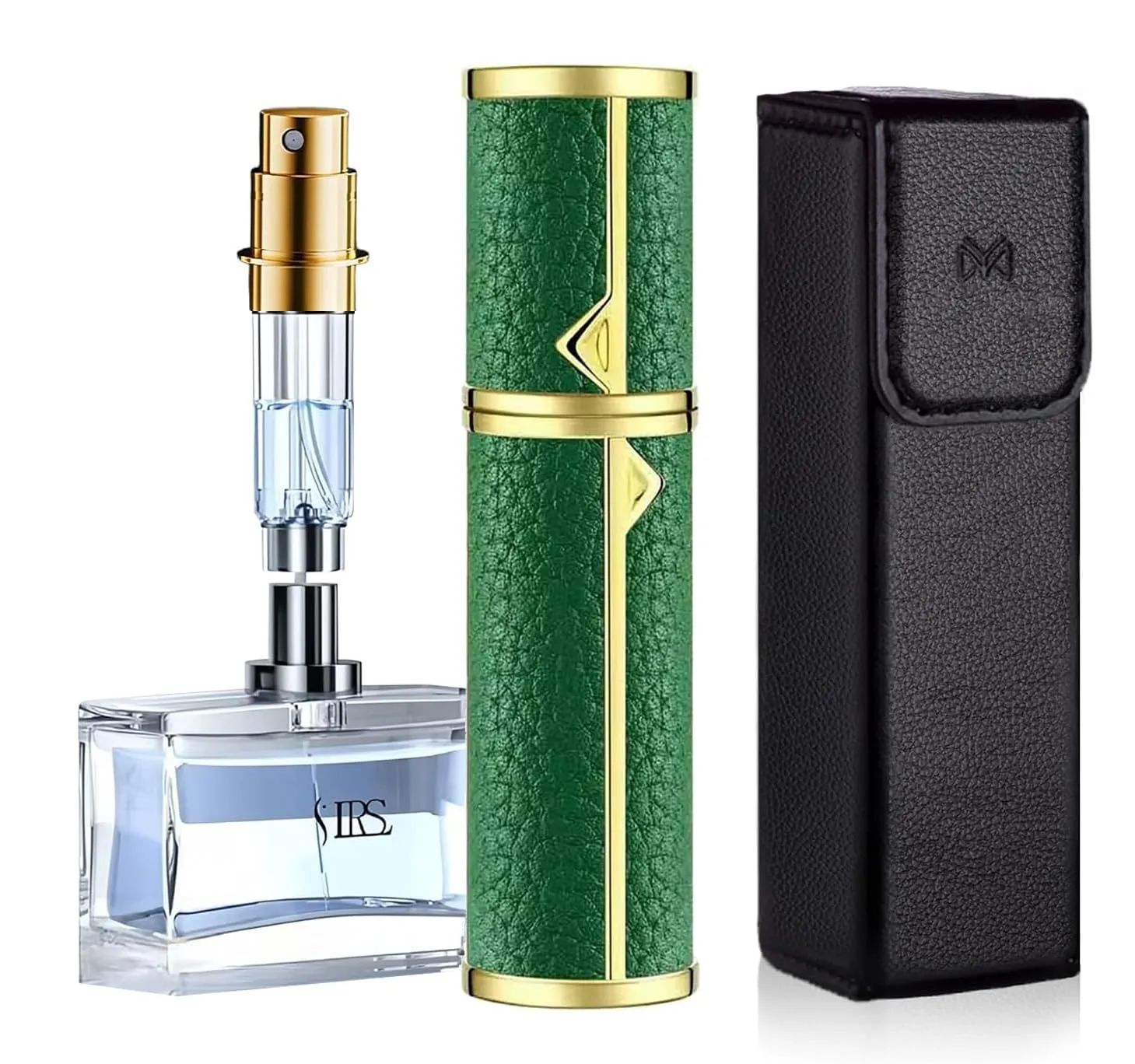 Travel Perfume Bottle Refillable, Genuine Leather Perfume Atomizer Leakproof Mini Pocket Size Travel Cologne Sprayer for Cruise Car Trip Purse Gift 5ml (Green - L)