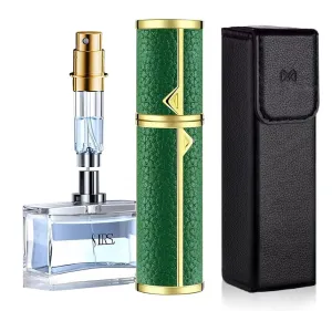 Travel Perfume Bottle Refillable, Genuine Leather Perfume Atomizer Leakproof Mini Pocket Size Travel Cologne Sprayer for Cruise Car Trip Purse Gift 5ml (Green - L)