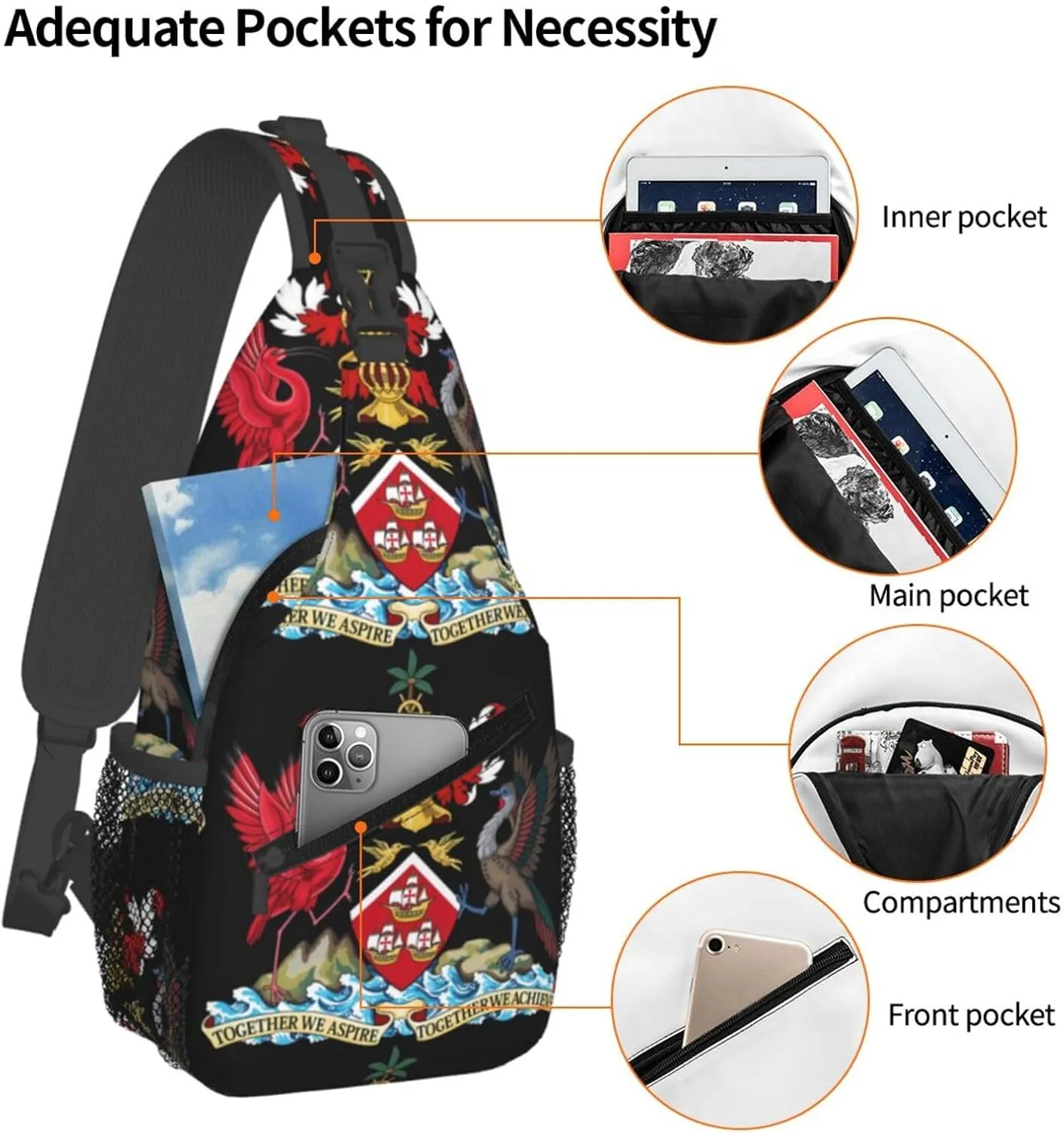 Trinidad and Tobago Coat of Arms Crossbody Bag Cross Chest Bag Adjustable Sling Backpack Sports Gym Shoulder Bags Travel Cycling Daypack Diagonally Casual Rucksack