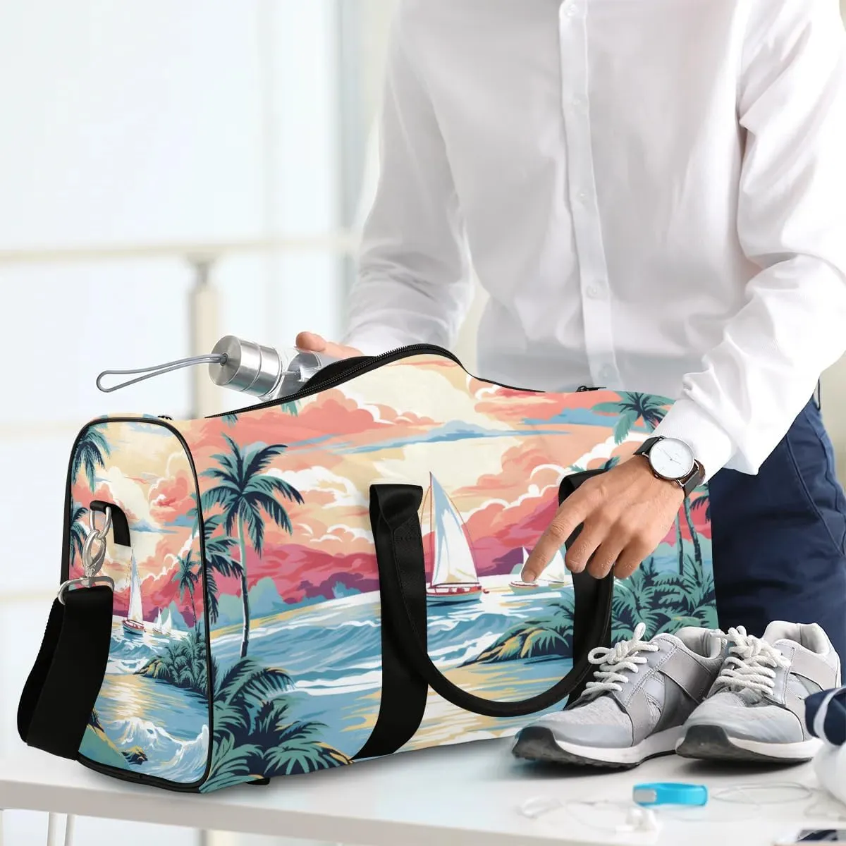 Tropical Beach Travel Duffel Bag for Women Men Waterproof Foldable Overnight Weekender Bag Large Capacity Sports Gym Bag